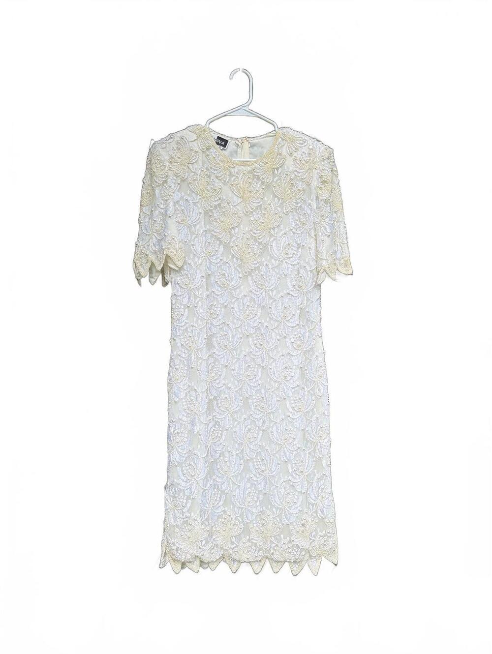 Vtg Carina Beaded Pearl Sequin Lace Dress XL White Cocktail Scalloped Hem India